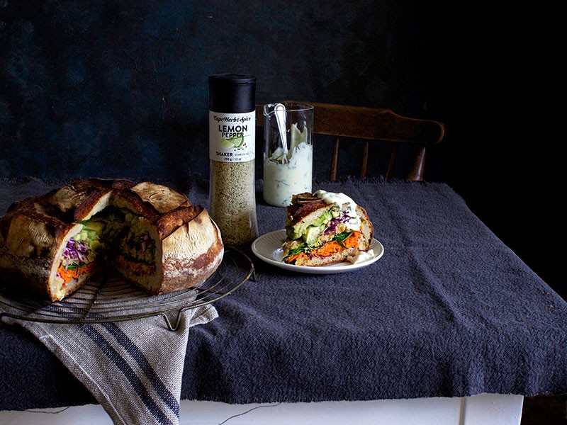 RAINBOW VEGGIE PICNIC LOAF WITH LEMON PEPPER MAYO DRIZZLE